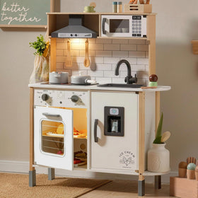 Tiny Land play kitchen stove lights enhance immersive pretend cooking experiences.