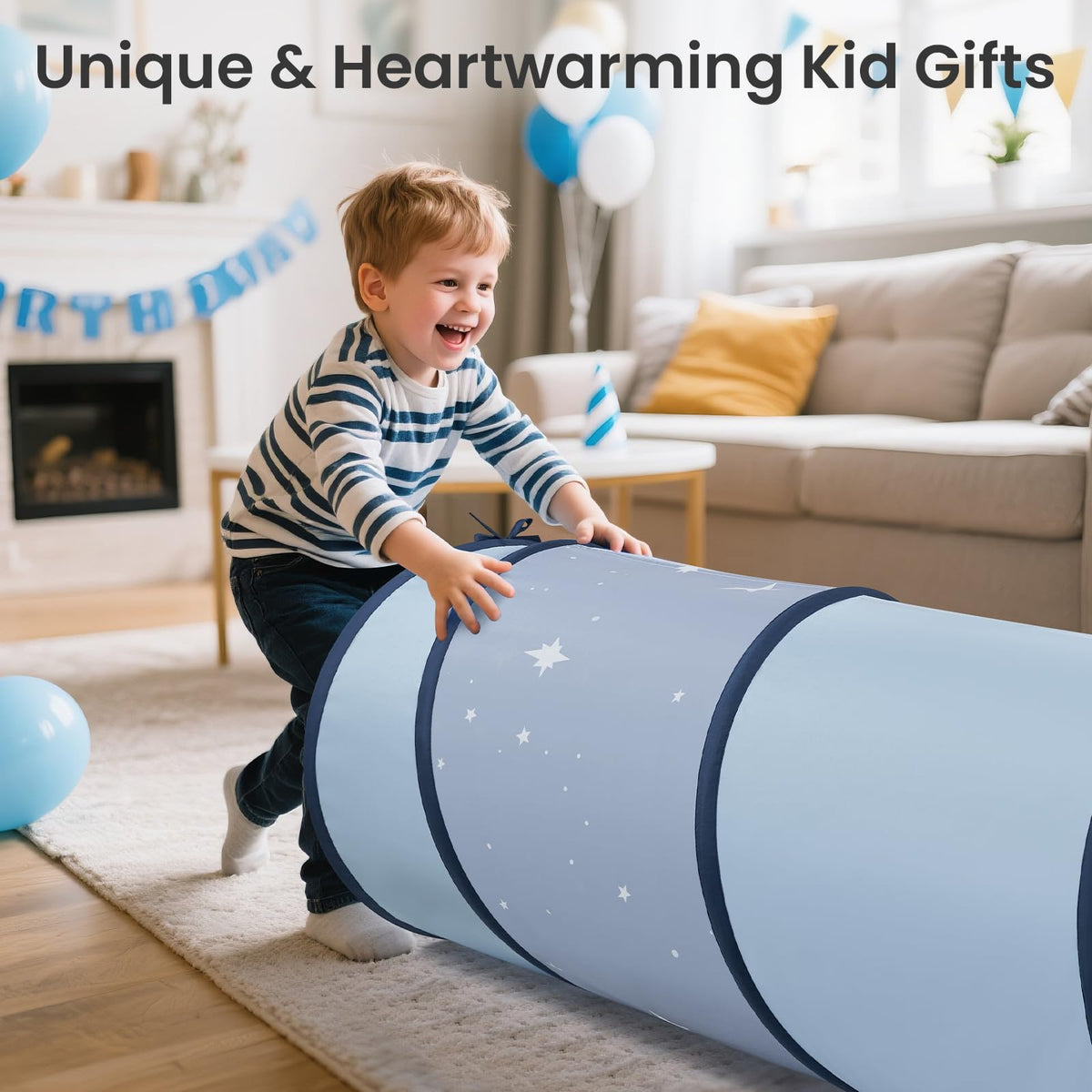 Tiny Land play tunnel blue kids inside enjoying crawl and pretend play.