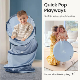 Tiny Land play tunnel blue open pop-up demonstrates quick setup for play.