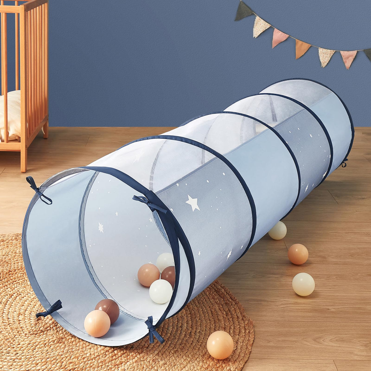 Tiny Land play tunnel blue side view provides a spacious crawl space for toddlers.