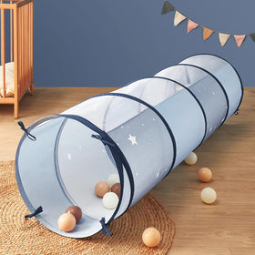 Tiny Land play tunnel blue side view provides a spacious crawl space for toddlers.