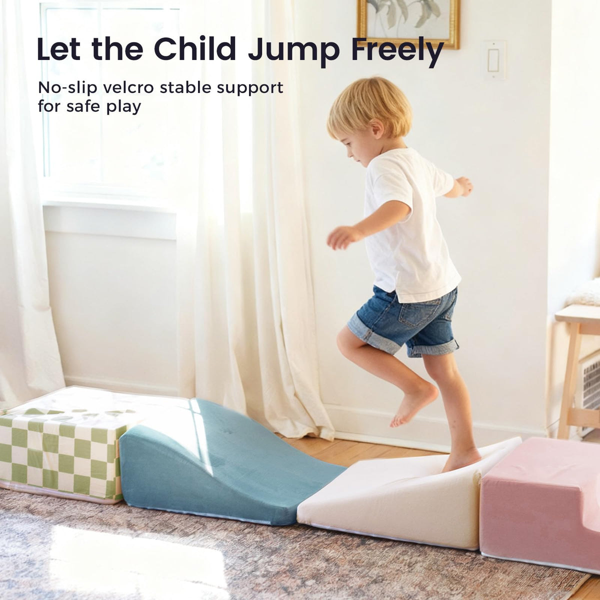 Removable fabric cover with hidden zipper for easy cleaning after play.