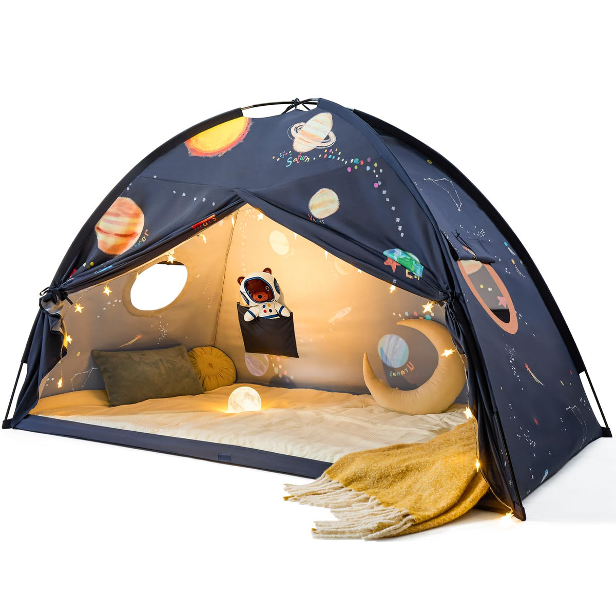 Tiny Land Space Galaxy Bed Tent assembly view shows quick setup for play area