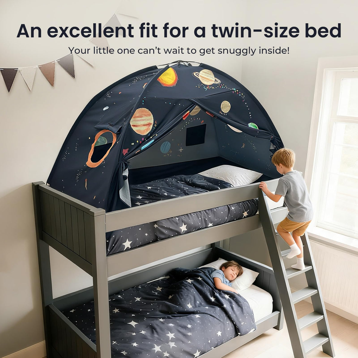 Door flaps on Tiny Land Space Galaxy Bed Tent provide easy access and privacy