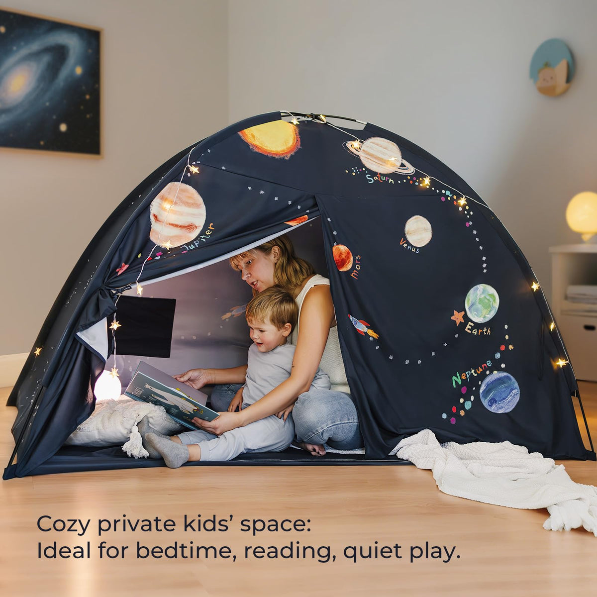 Spacious room inside Tiny Land Space Galaxy Bed Tent fits 1-4 kids