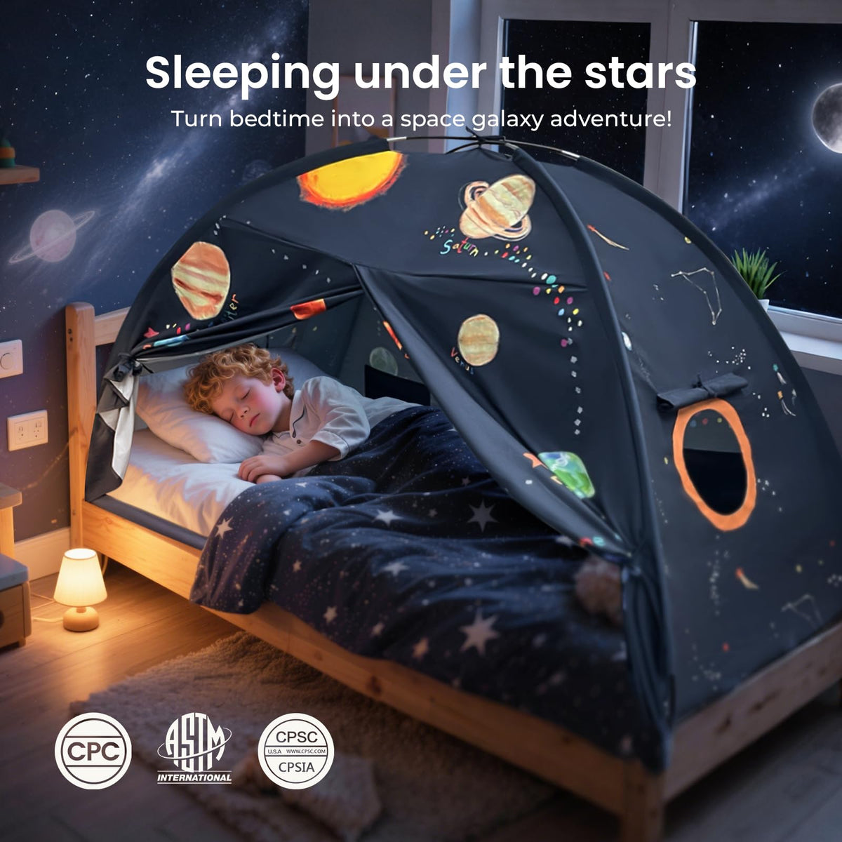 Built-in storage pockets on Tiny Land Space Galaxy Bed Tent keep essentials handy