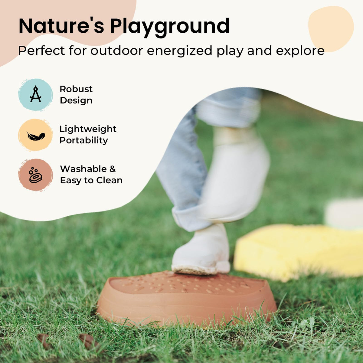 Tiny Land stepping stones balance practice highlighting kid-friendly grip and size