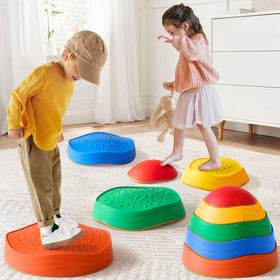 Tiny Land stepping stones in rainbow colors form a playful balance path.