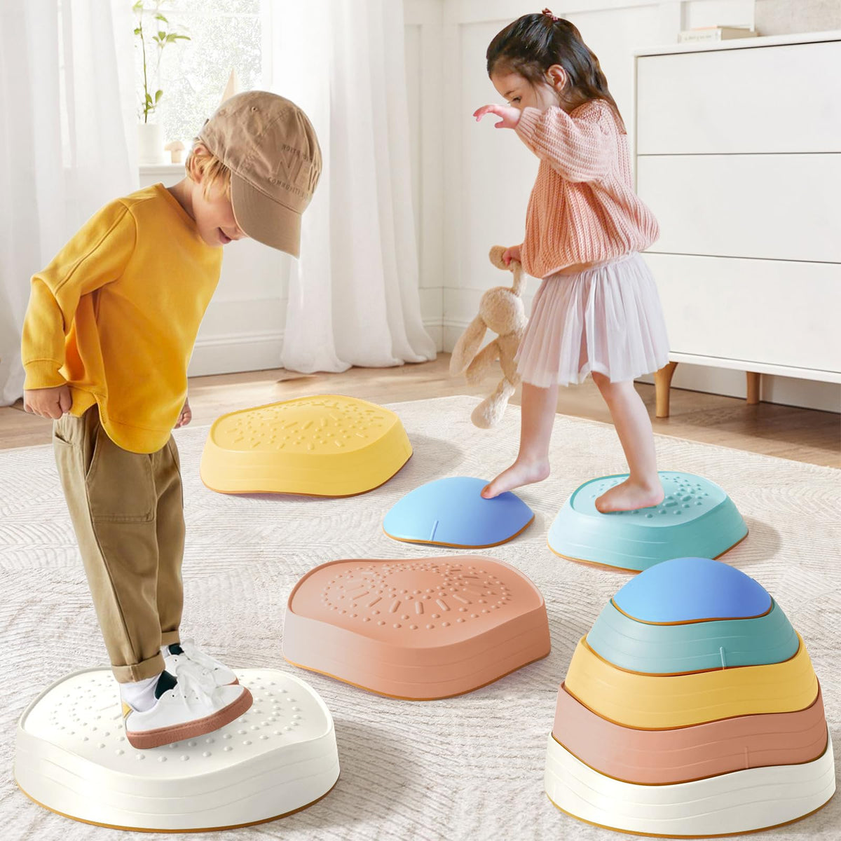 Tiny Land stepping stones set arranged for imaginative balance challenges