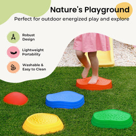 Textured surface on Tiny Land stones provides tactile feedback for safe stepping.