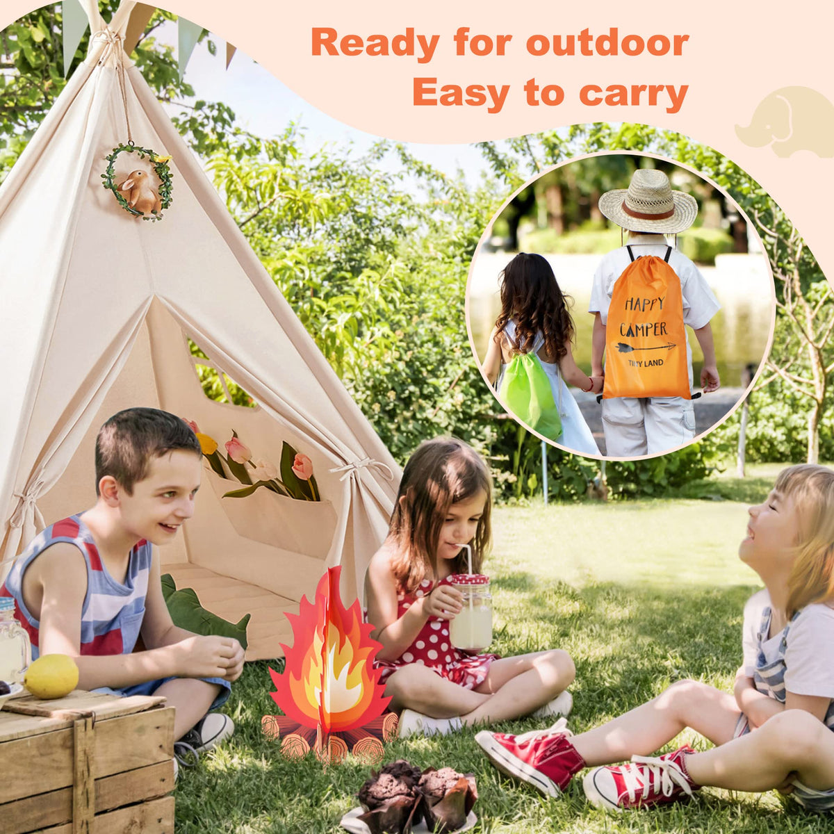 Tiny Land teepee with sturdy pine poles and connectors ensures stable setup.