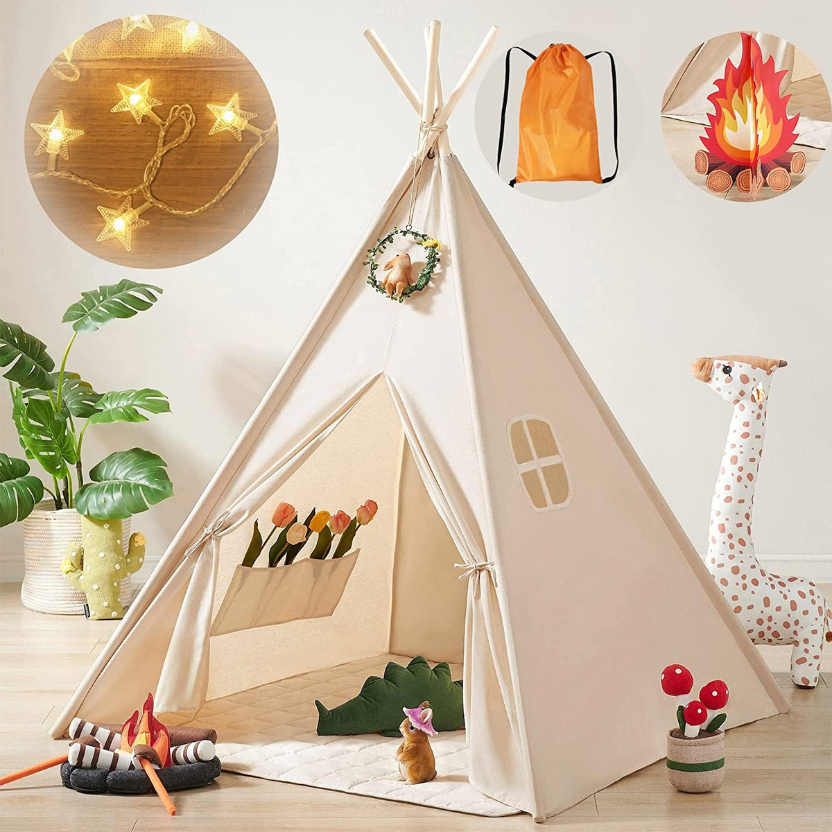 Tiny Land teepee with star lights creates a cozy play space for kids.