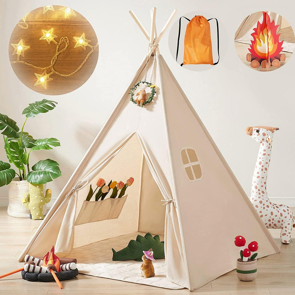 Tiny Land teepee with star lights creates a cozy play space for kids.