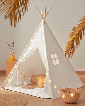 Tiny Land Teepee Tent for Kids front view shows breathable cotton canvas for a cozy reading nook.