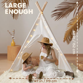 Tiny Land Teepee Tent for Kids side view highlights sturdy wooden poles for durable play.