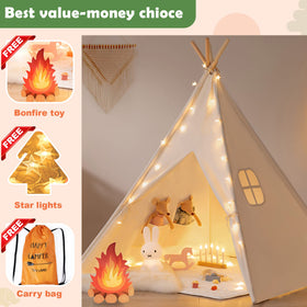 Tiny Land teepee window and inner pockets help keep toys organized during play.