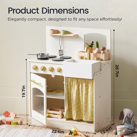 Tiny Land Toddler Kitchen Playset - floral curtain and cream finish fit cozy playrooms.