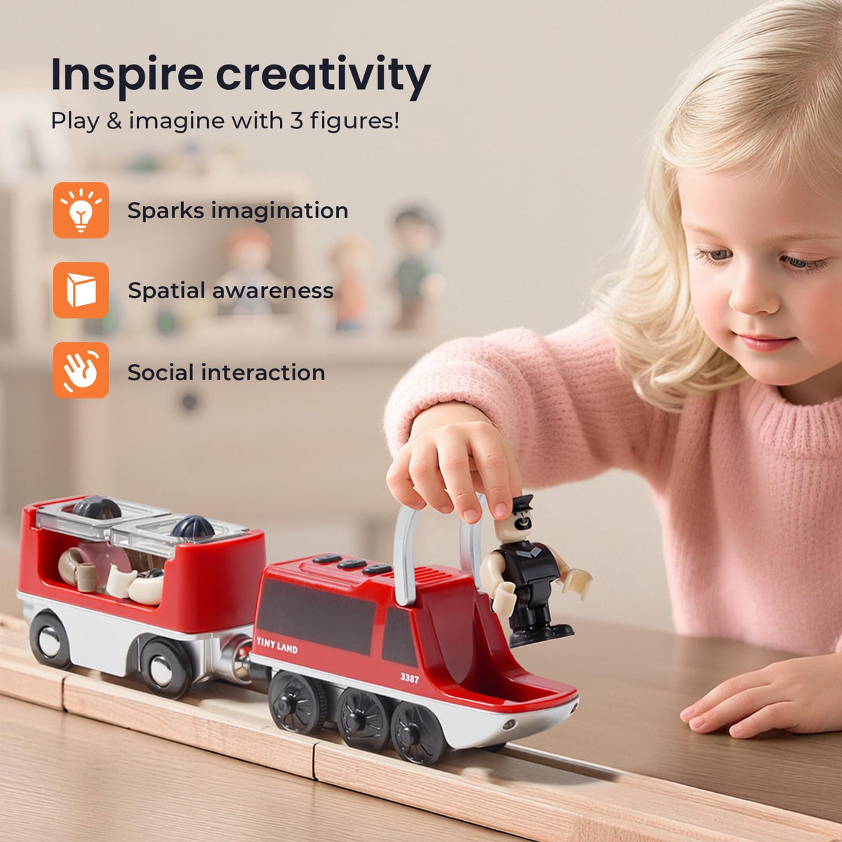 Tiny Land train figures inside the train spark imaginative storytelling during play