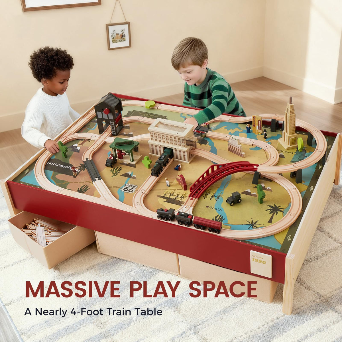 Tiny Land train table with clear dimensions for proper seating and setup.
