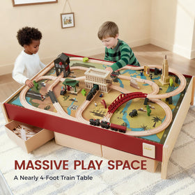 Tiny Land train table with clear dimensions for proper seating and setup.