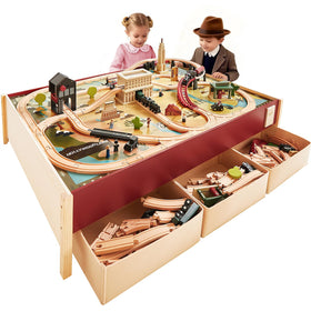 Tiny Land large wooden train table top for spacious, collaborative play.