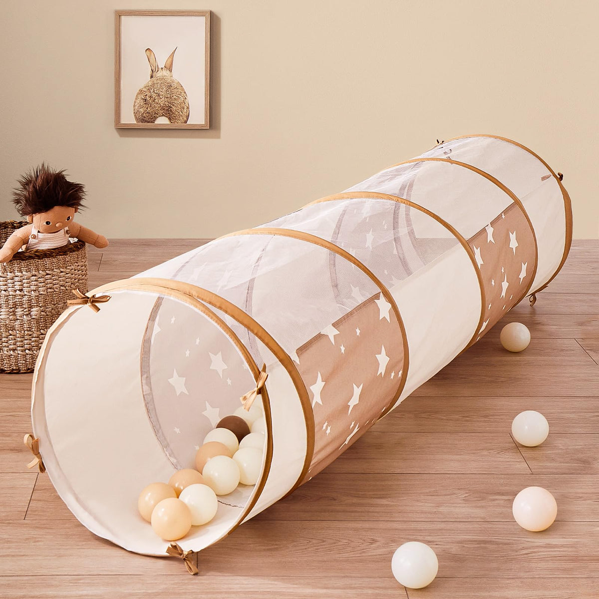 Tiny Land tunnel toy 69x18 assembly in a bright playroom for toddler crawl