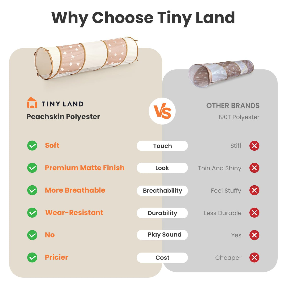 Tiny Land tunnel toy breathable peachskin fabric supports comfortable indoor crawl