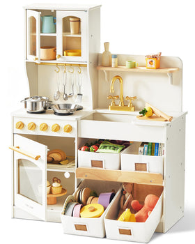 Tiny Land wooden play kitchen with cabinets and storage for tidy pretend play