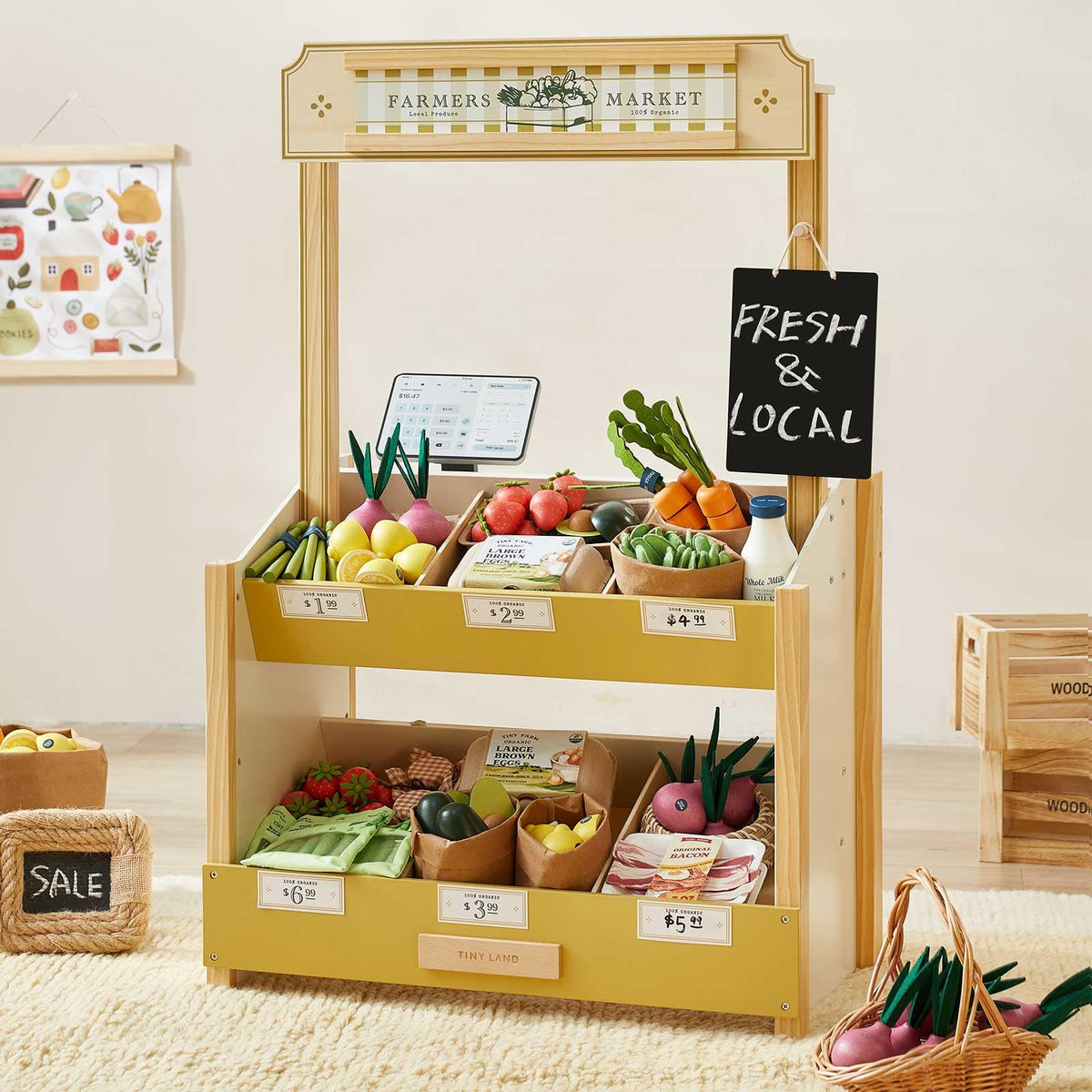 Tiny Land wooden play store cash register for realistic checkout play.