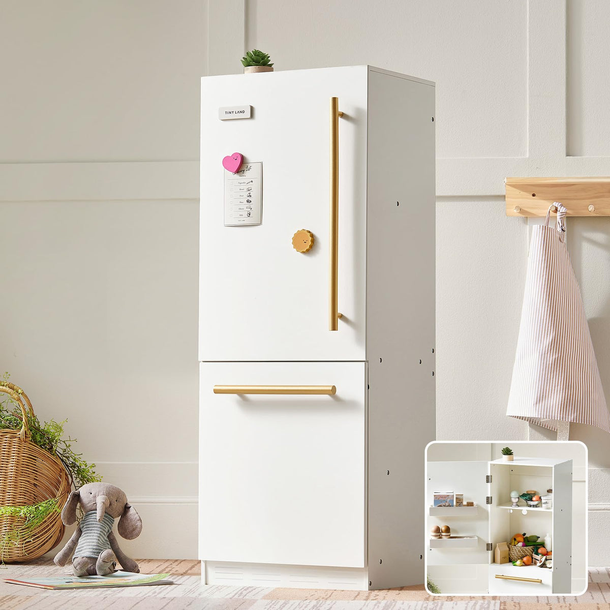 Tiny Land wooden toy fridge overview with a realistic play kitchen centerpiece for imaginative meals.