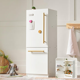 Tiny Land wooden toy fridge overview with a realistic play kitchen centerpiece for imaginative meals.