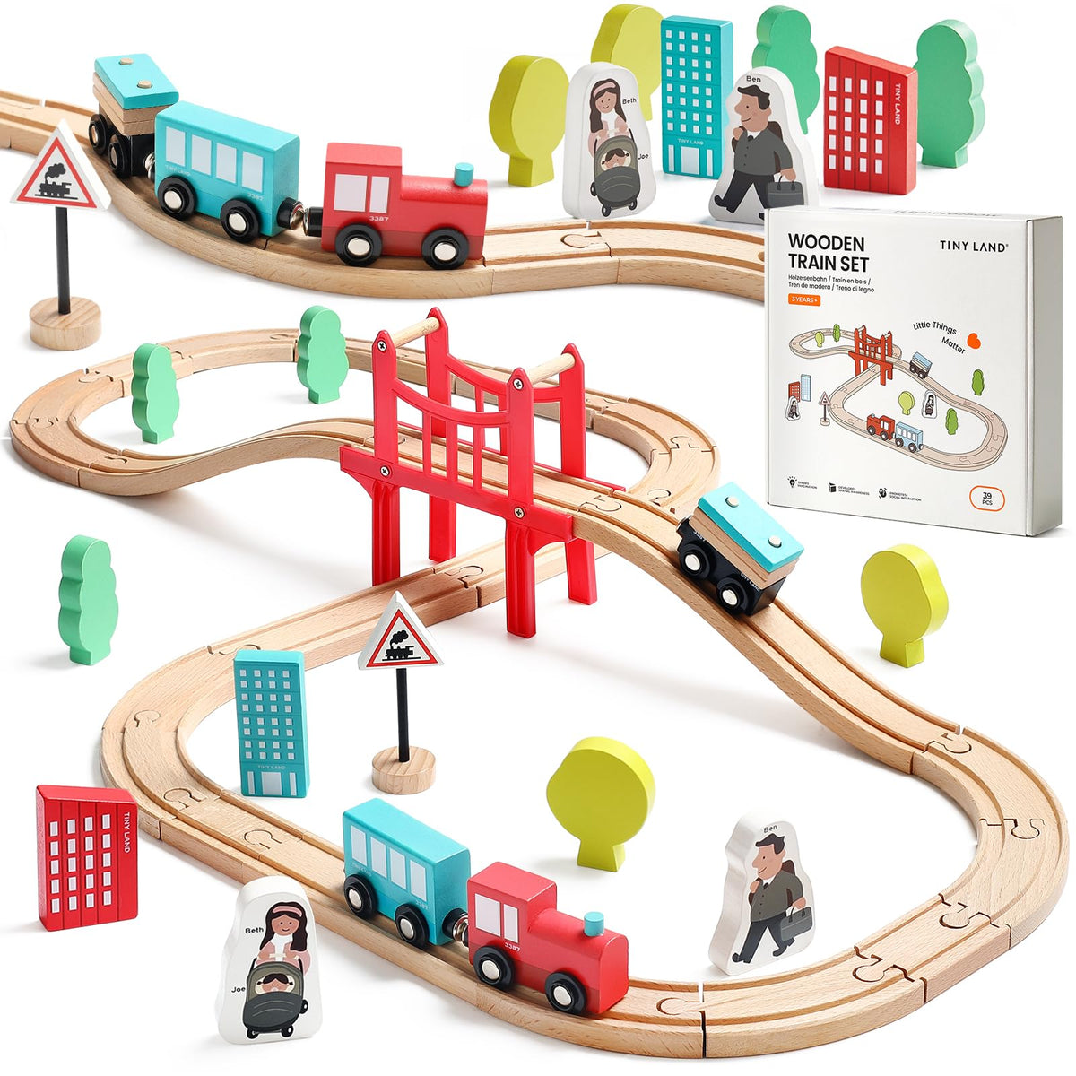 Tiny Land wooden train set with beech wood rails for durable play.