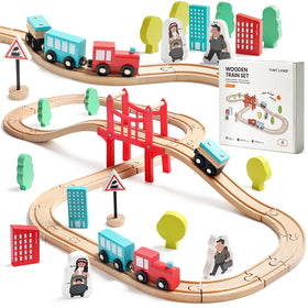 Tiny Land wooden train set with beech wood rails for durable play.