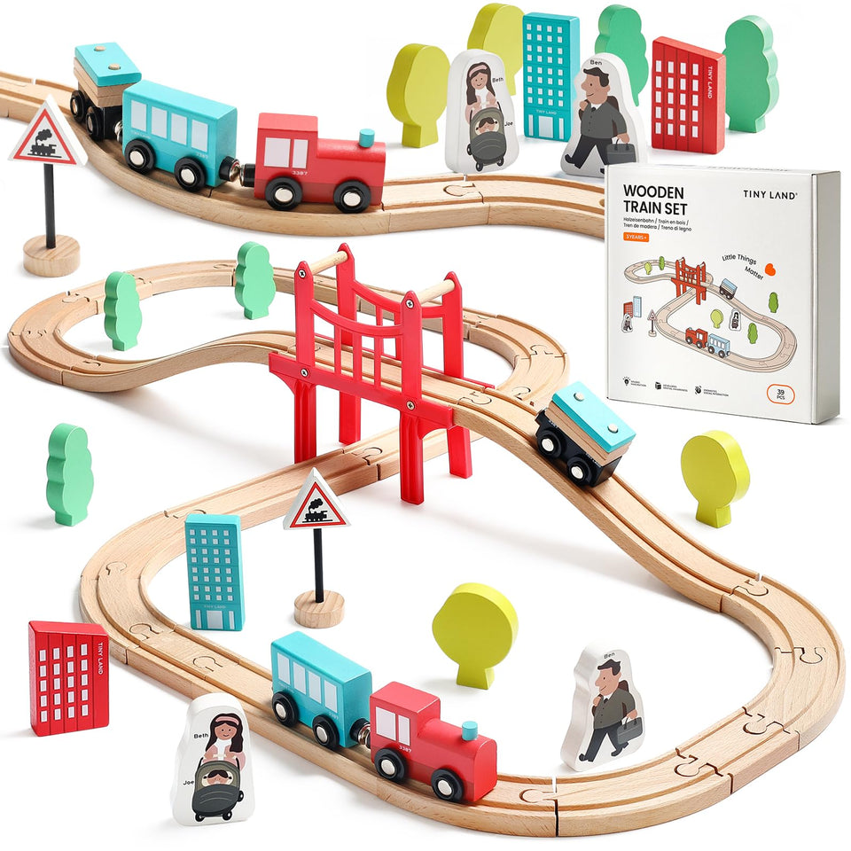 Tiny Land wooden train set with beech wood rails for durable play.