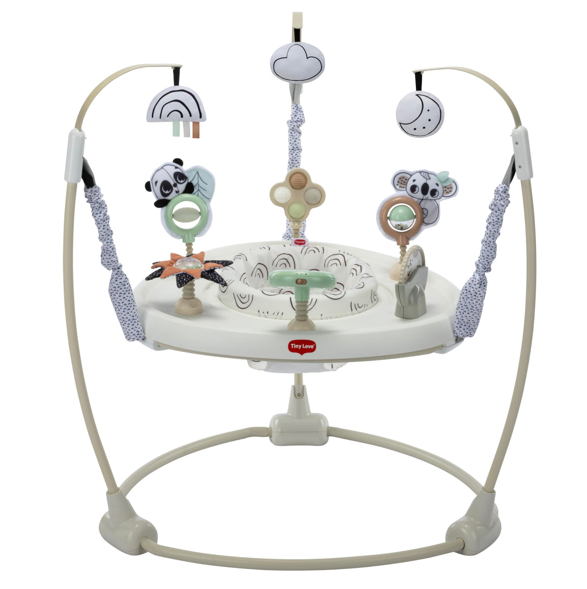Tiny Love 4-in-1 Jump and Play seat encourages early visual focus with bold black-and-white patterns.