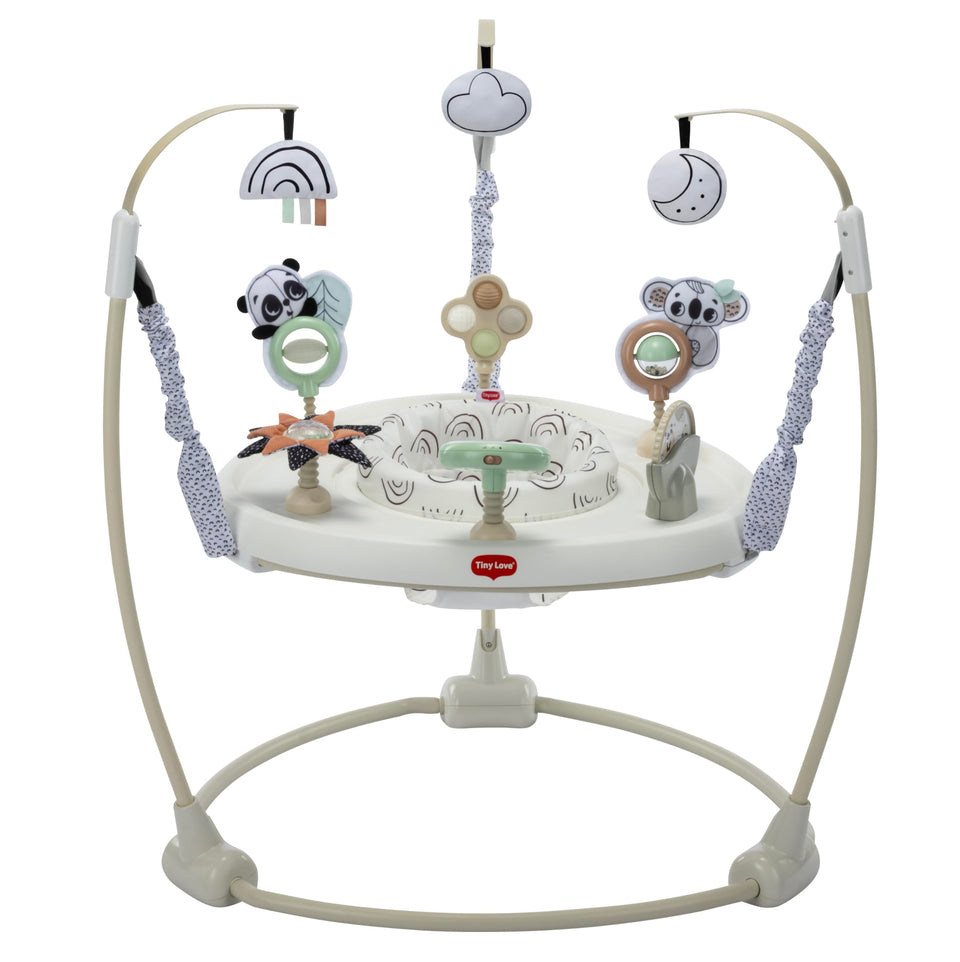 Tiny Love 4-in-1 Jump and Play seat encourages early visual focus with bold black-and-white patterns.