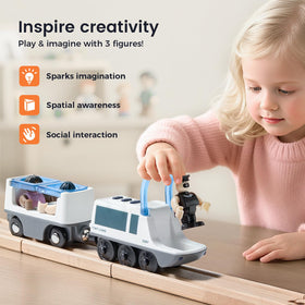 Tiny Land battery-operated locomotive side view shows magnetic connectors for easy setup.