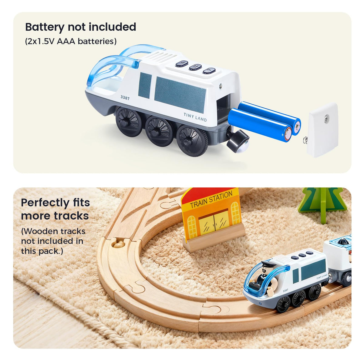 Tiny Land action locomotive controls demonstrate forward, stop, and reverse for interactive play.