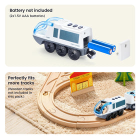 Tiny Land action locomotive controls demonstrate forward, stop, and reverse for interactive play.