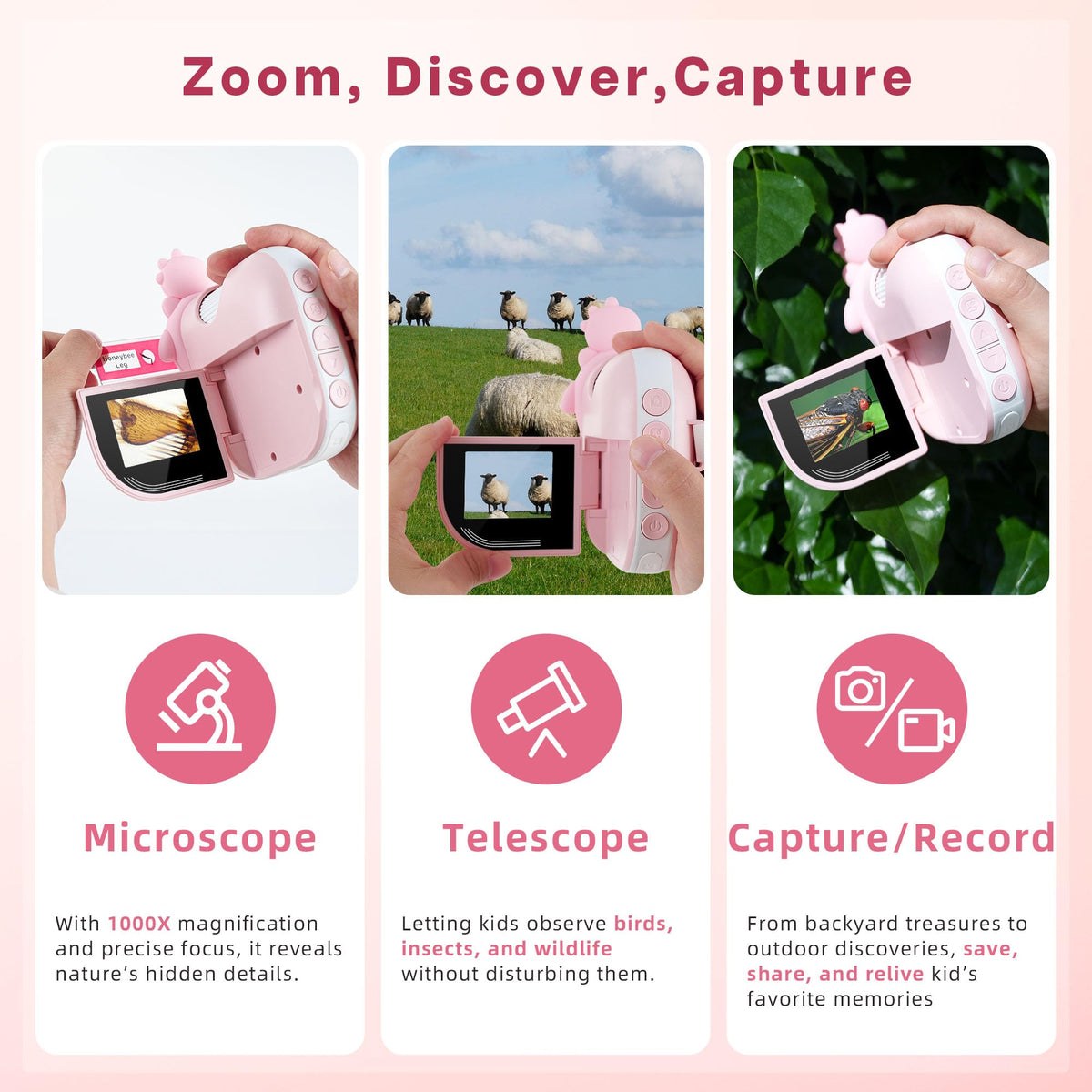 Tinylens Dino microscope with 2-inch screen shows magnified details clearly.
