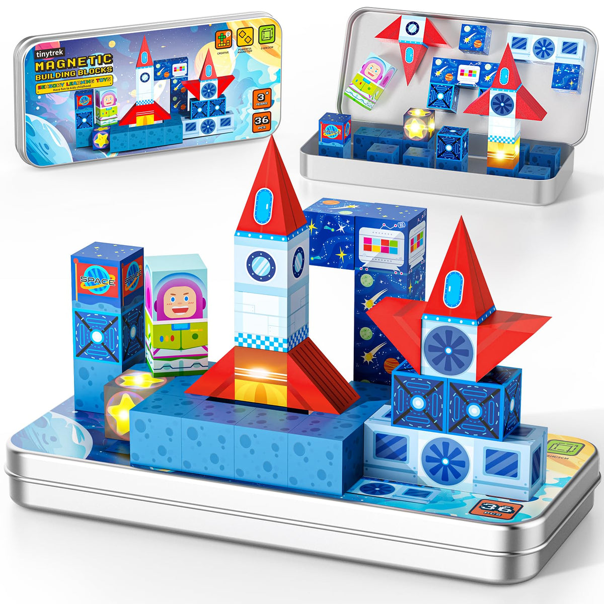 TinyTrek 36-piece magnetic tiles glow in the dark inside a portable travel box for imaginative play