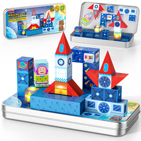 TinyTrek 36-piece magnetic tiles glow in the dark inside a portable travel box for imaginative play