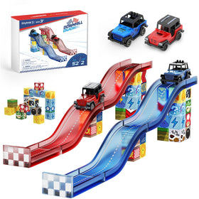 tinytrek race track set shown with colorful tiles for creative building and racing play
