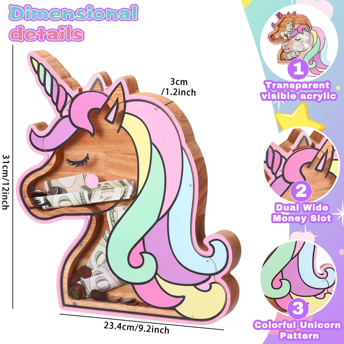 Close-up of colorful unicorn pattern on durable wood by Tioncy