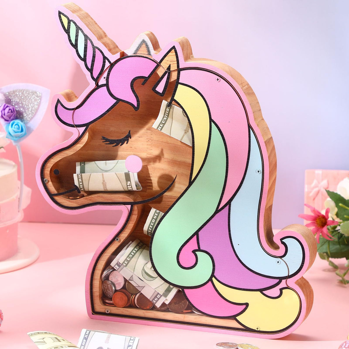 Tioncy rainbow wooden unicorn piggy bank for savings and display
