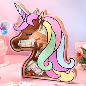 Tioncy rainbow wooden unicorn piggy bank for savings and display