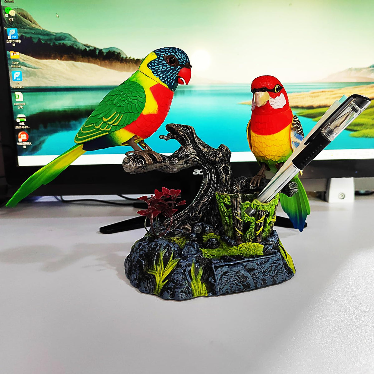 Tipmant parrot toy on a desk at an office as decor