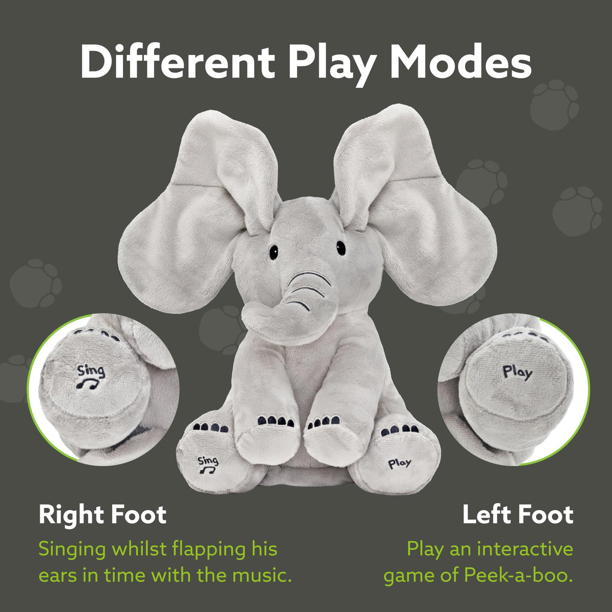 Tippi Peek-a-Boo left foot mode adds singing with rhythmic ear movement