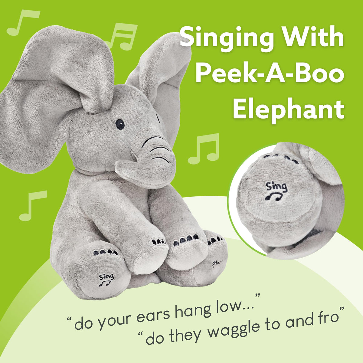 Tippi Peek-a-Boo Elephant right foot play mode activates a lively peek-a-boo game