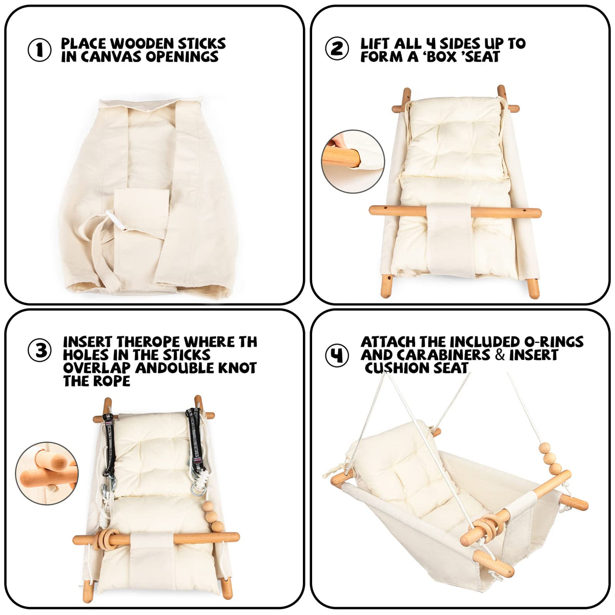 Tislly beech wood frame swing, cream finish, natural-inspired support.